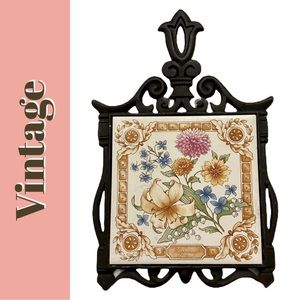 Vintage Cast Iron Ceramic Tile Filigree Floral Happiness Trivet for Dishes Pots